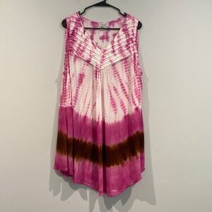 Tamsy Pink, White, and Brown Tie-Die Sleeveless Sundress/Coverup - One Size